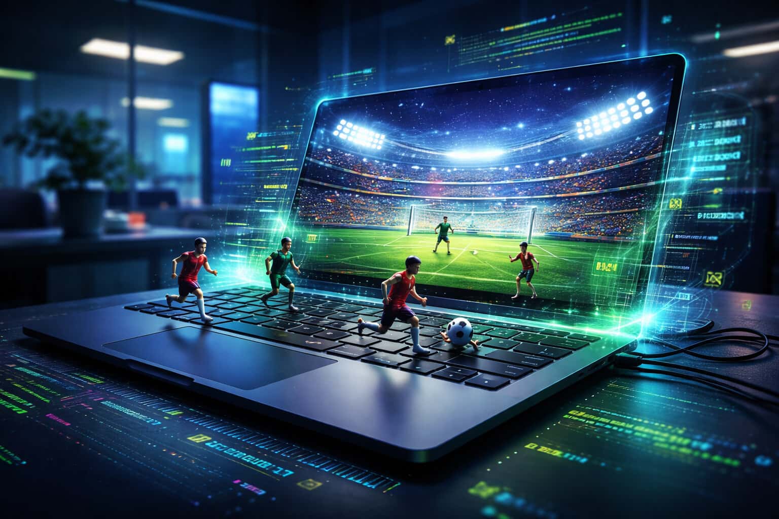 A futuristic digital football stadium emerging from a laptop screen.